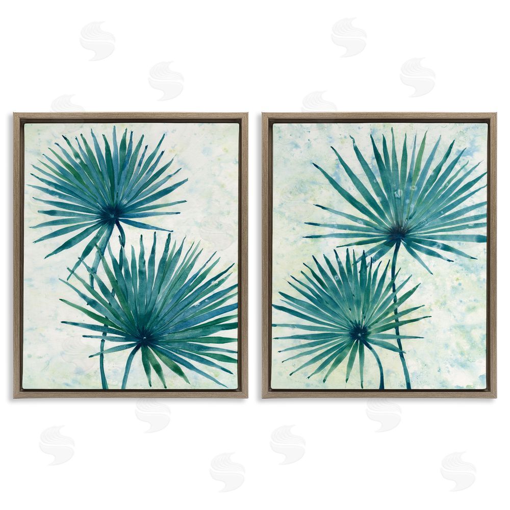 Tim O'Toole Abstract Palm Fans Blue Green Silhouettes Brown Floating Frame Canvas Wall Art Print