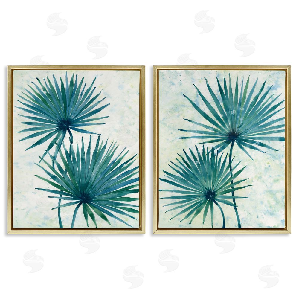 Tim O'Toole Abstract Palm Fans Blue Green Silhouettes Gold Floating Frame Canvas Wall Art Print