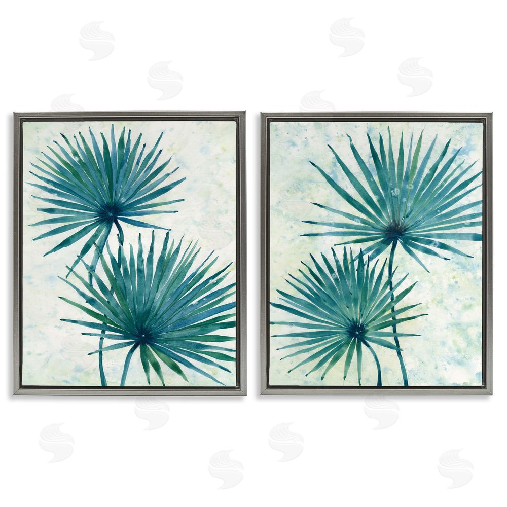 Tim O'Toole Abstract Palm Fans Blue Green Silhouettes Gray Floating Frame Canvas Wall Art Print