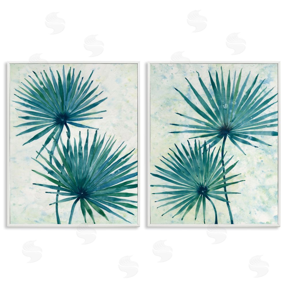 Tim O'Toole Abstract Palm Fans Blue Green Silhouettes White Framed Giclee Wall Art Print