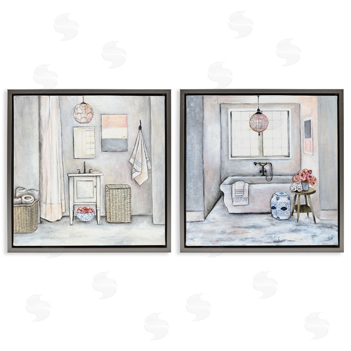 Bathroom Interior Soft Cottage Design Grey Floating Frame Canvas Wall Art, Home Decor by R. Rig