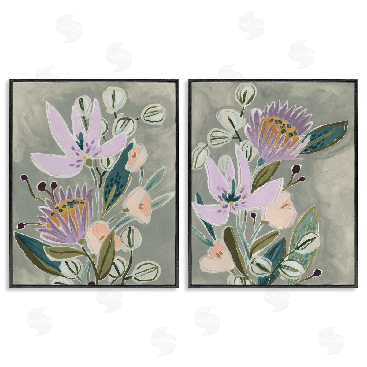 Abstract Purple Floral Arrangement Black Frame Print Wall Art, Home Decor by June Erica Vess