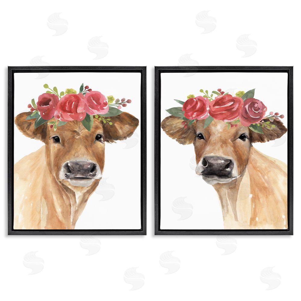 Annie Warren Rose Flower Crown Cow Portrait Floral Farm  Black Floating Frame Canvas Wall Art Print