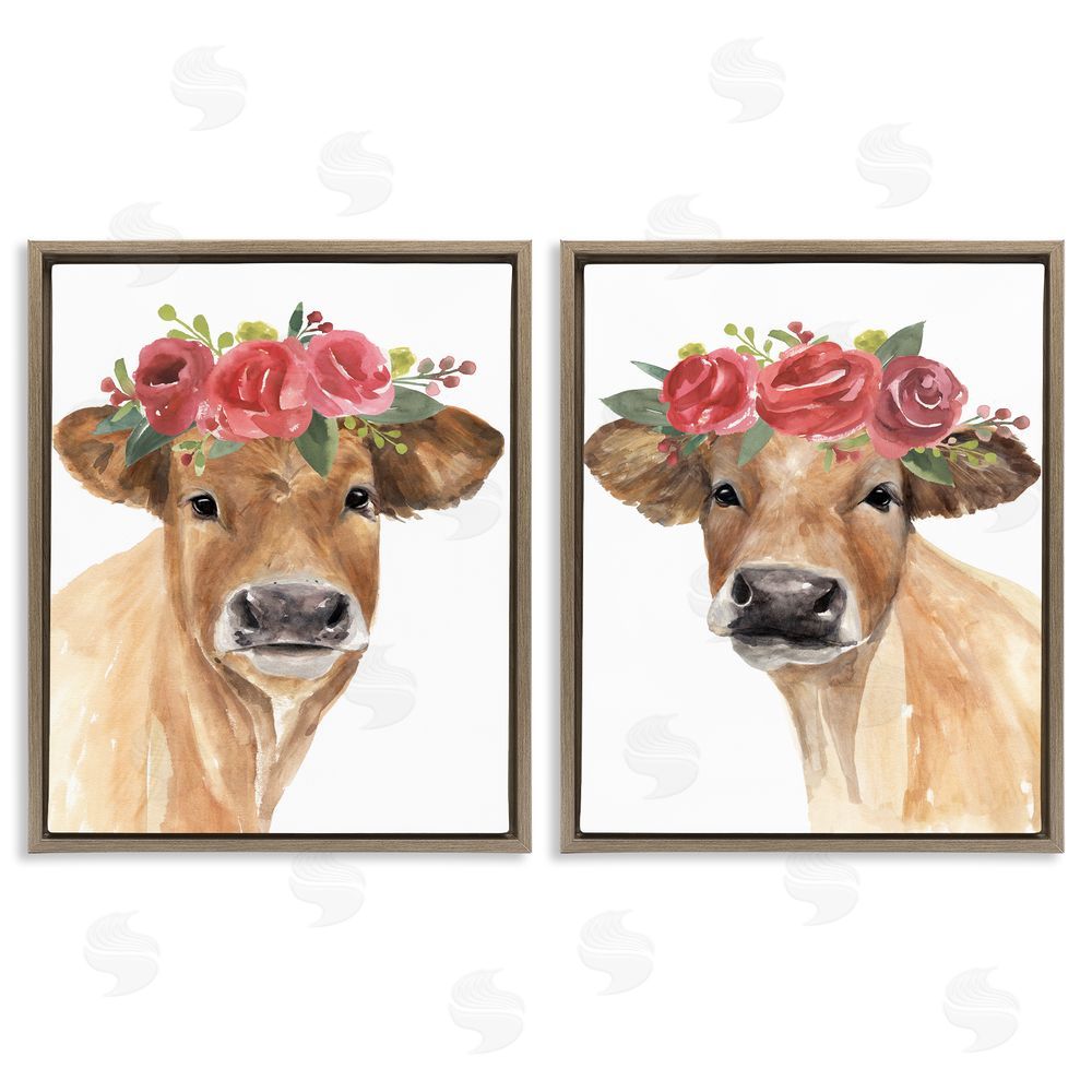 Annie Warren Rose Flower Crown Cow Portrait Floral Farm  Brown Floating Frame Canvas Wall Art Print