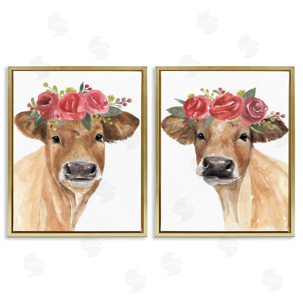 Annie Warren Rose Flower Crown Cow Portrait Floral Farm  Gold Floating Frame Canvas Wall Art Print