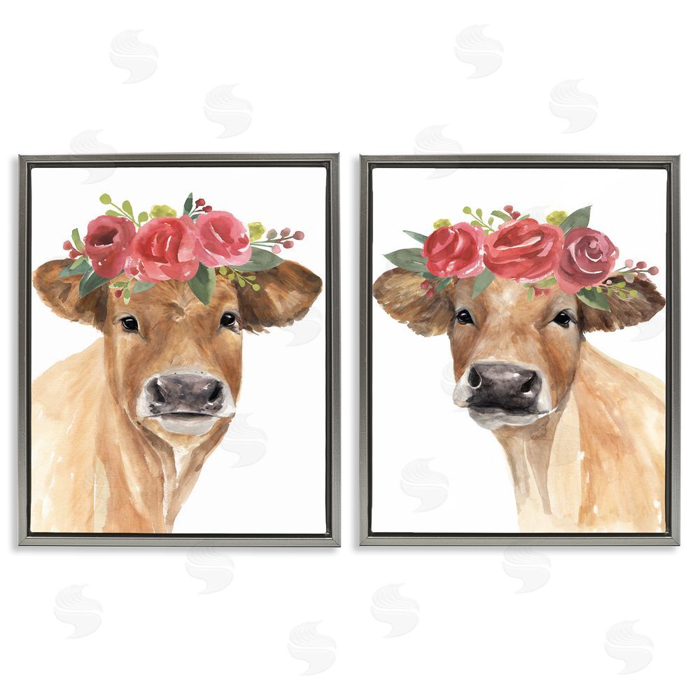 Annie Warren Rose Flower Crown Cow Portrait Floral Farm  Gray Floating Frame Canvas Wall Art Print