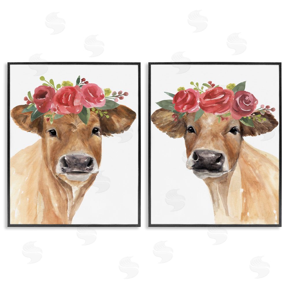 Annie Warren Rose Flower Crown Cow Portrait Floral Farm  Black Framed Giclee Wall Art Print