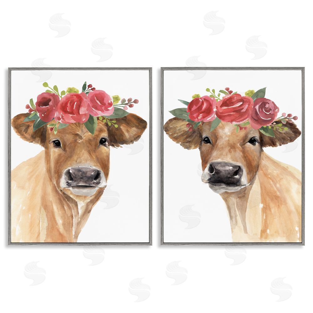 Annie Warren Rose Flower Crown Cow Portrait Floral Farm  Gray Framed Giclee Wall Art Print