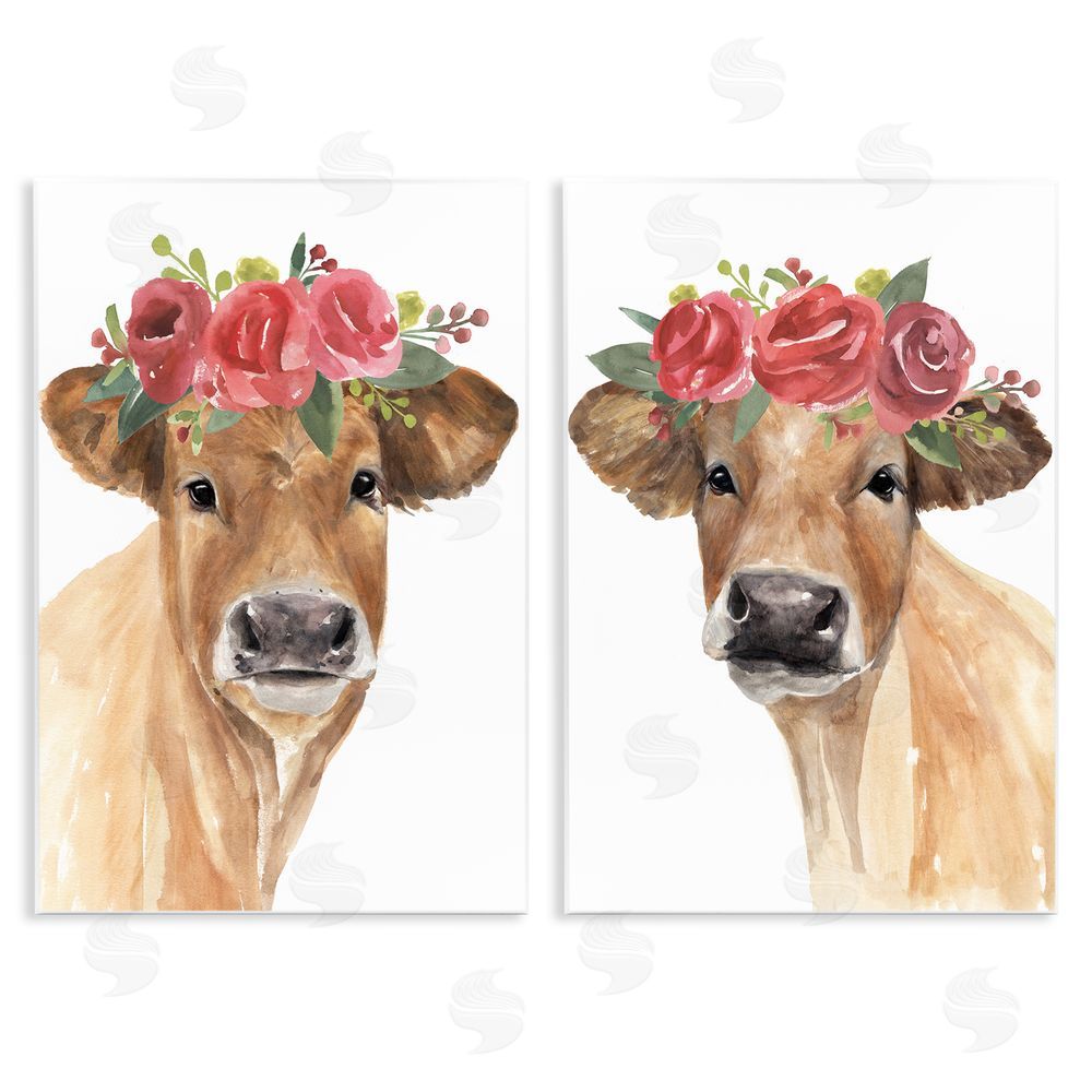 Annie Warren Rose Flower Crown Cow Portrait Floral Farm  Wooden Wall Plaque Art Print