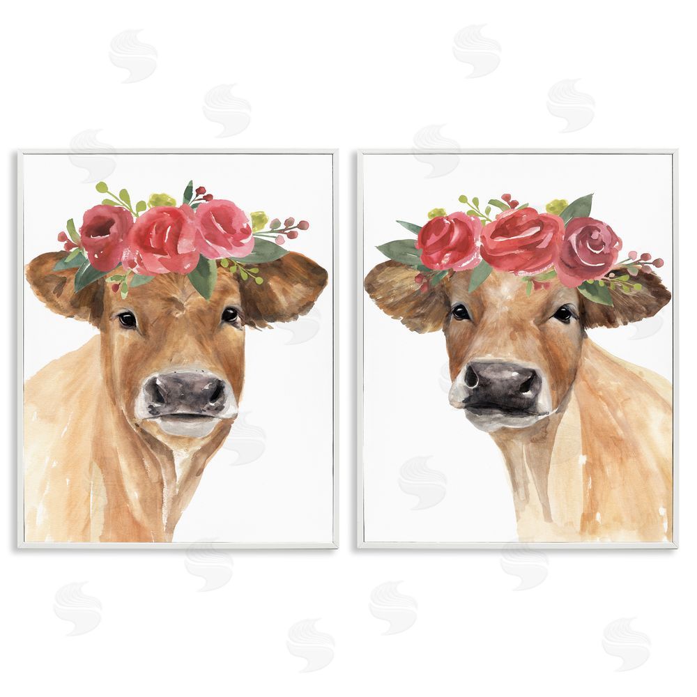 Annie Warren Rose Flower Crown Cow Portrait Floral Farm  White Framed Giclee Wall Art Print