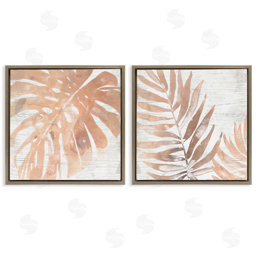 June Erica Vess Orange Palm Leaves over Distressed Pattern Brown Floating Frame Canvas Wall Art Print