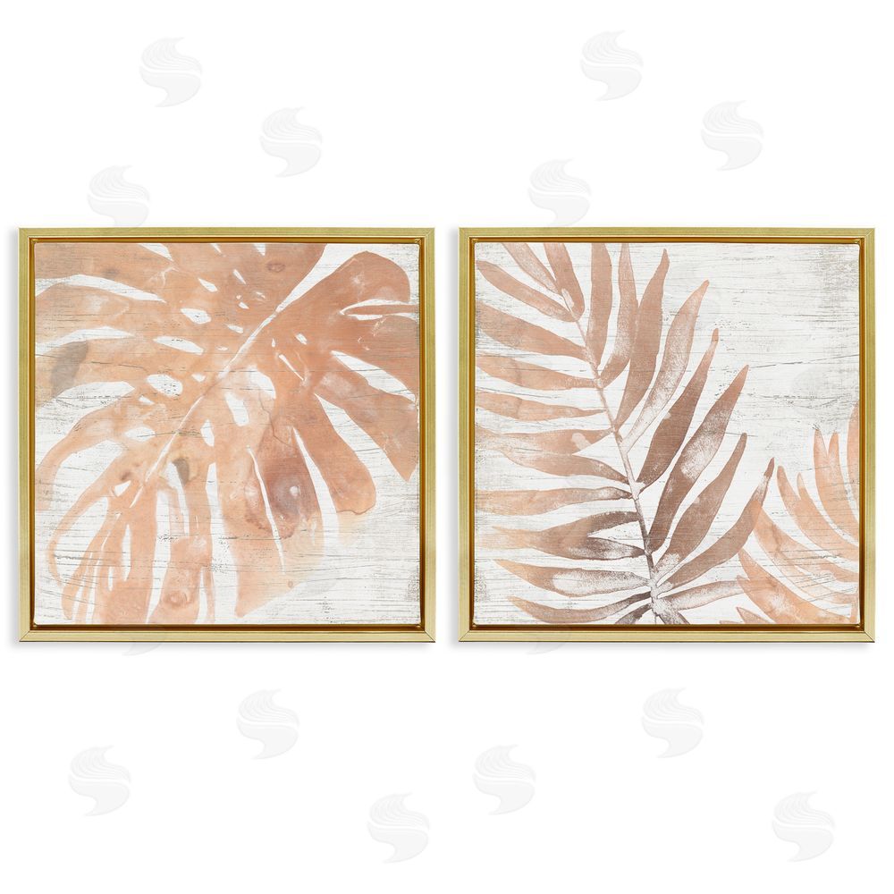 June Erica Vess Orange Palm Leaves over Distressed Pattern Gold Floating Frame Canvas Wall Art Print