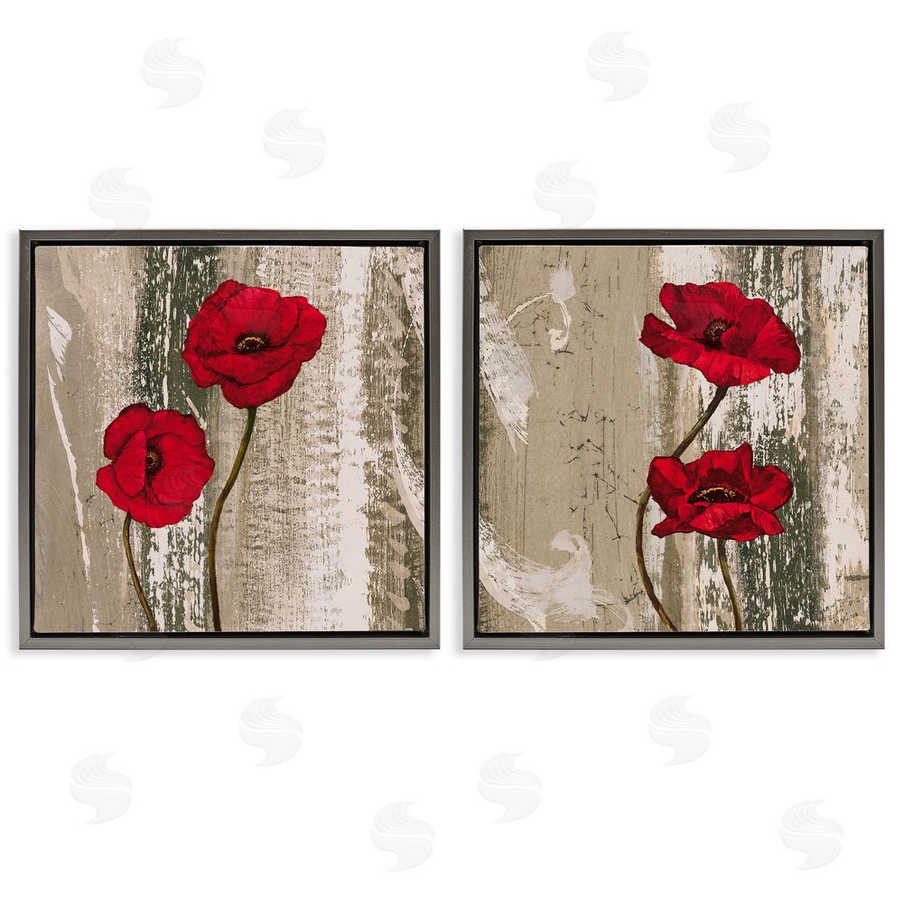 Brian Francis Vibrant Red Poppies Rustic Brown Gray Floating Frame Canvas Wall Art Print
