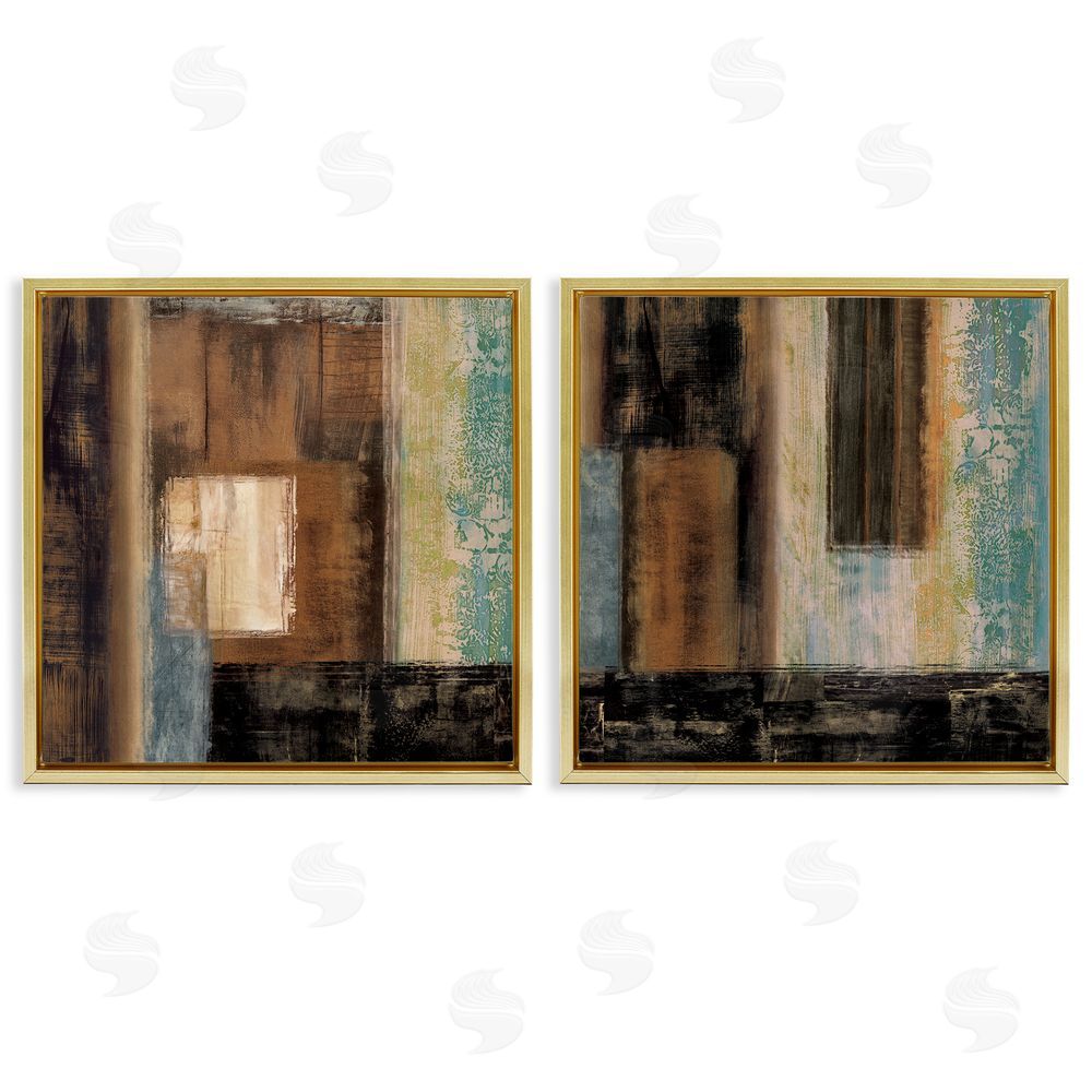 Brent Nelson Dominant Dark Abstract Shapes over Pastel Gold Floating Frame Canvas Wall Art Print