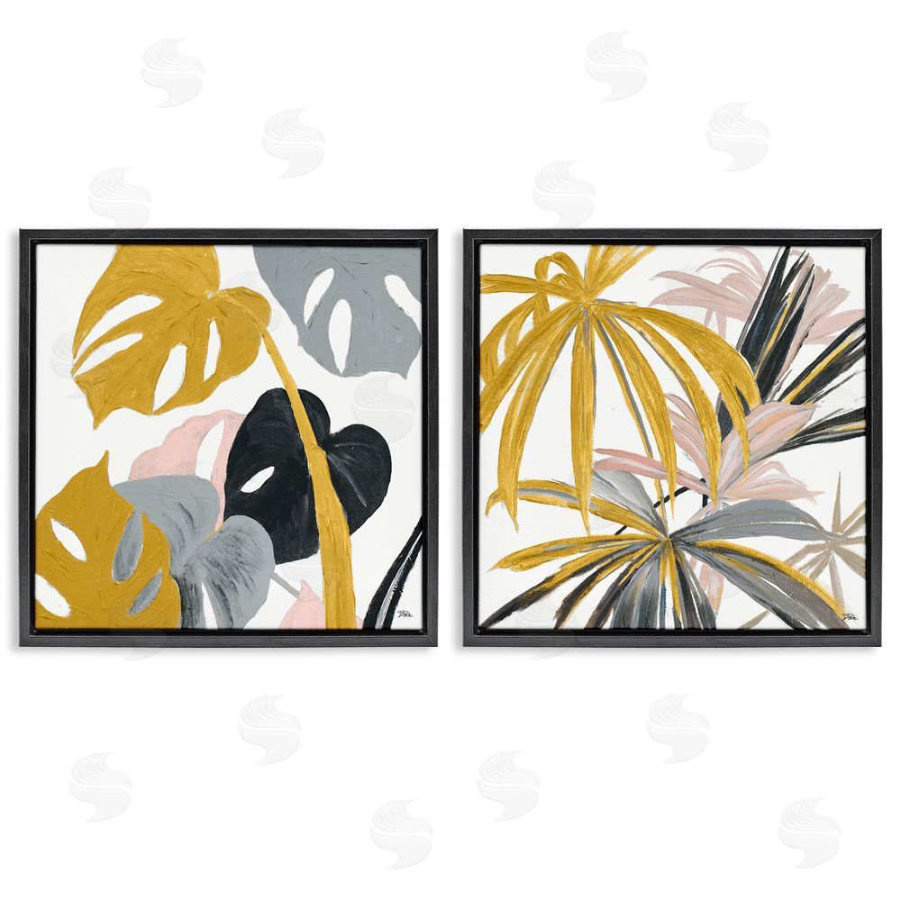 Patricia Pinto Clusters of Palm Leaves Yellow Pink Grey Black Floating Frame Canvas Wall Art Print