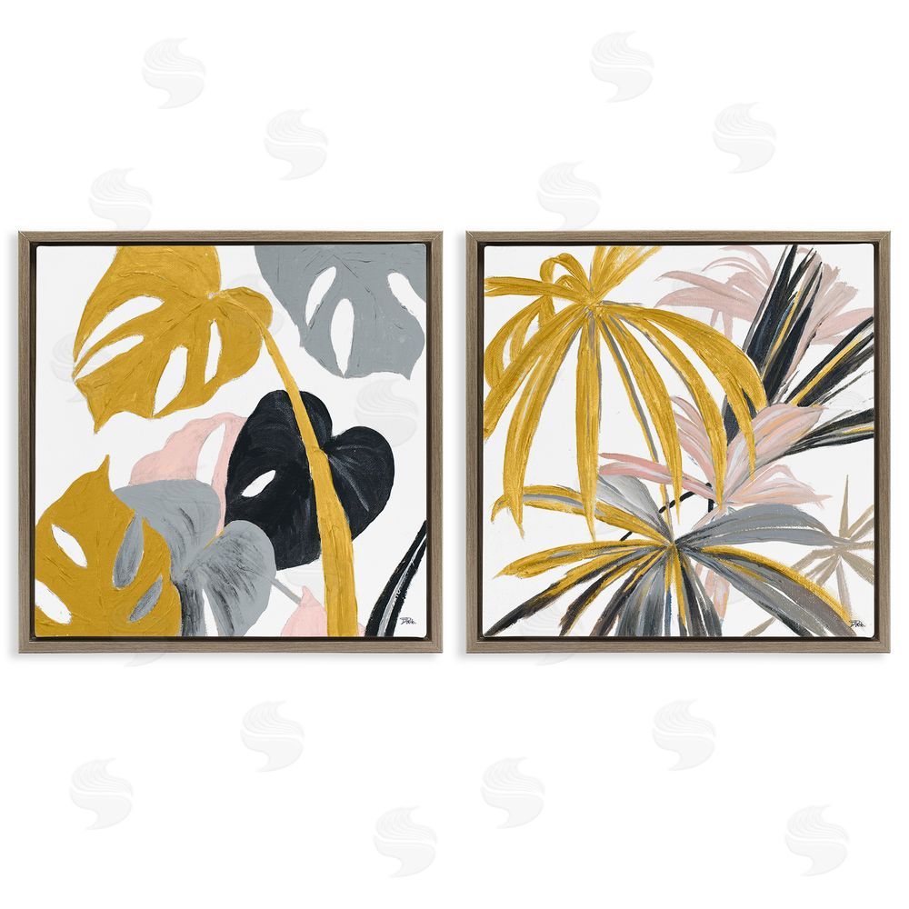 Patricia Pinto Clusters of Palm Leaves Yellow Pink Grey Brown Floating Frame Canvas Wall Art Print