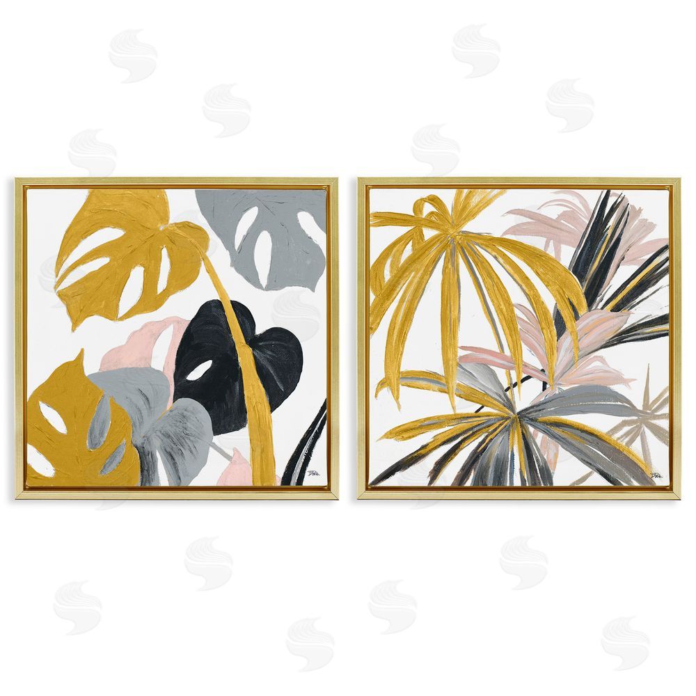 Patricia Pinto Clusters of Palm Leaves Yellow Pink Grey Gold Floating Frame Canvas Wall Art Print