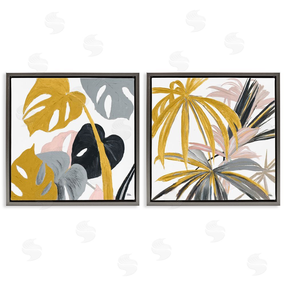 Patricia Pinto Clusters of Palm Leaves Yellow Pink Grey Gray Floating Frame Canvas Wall Art Print