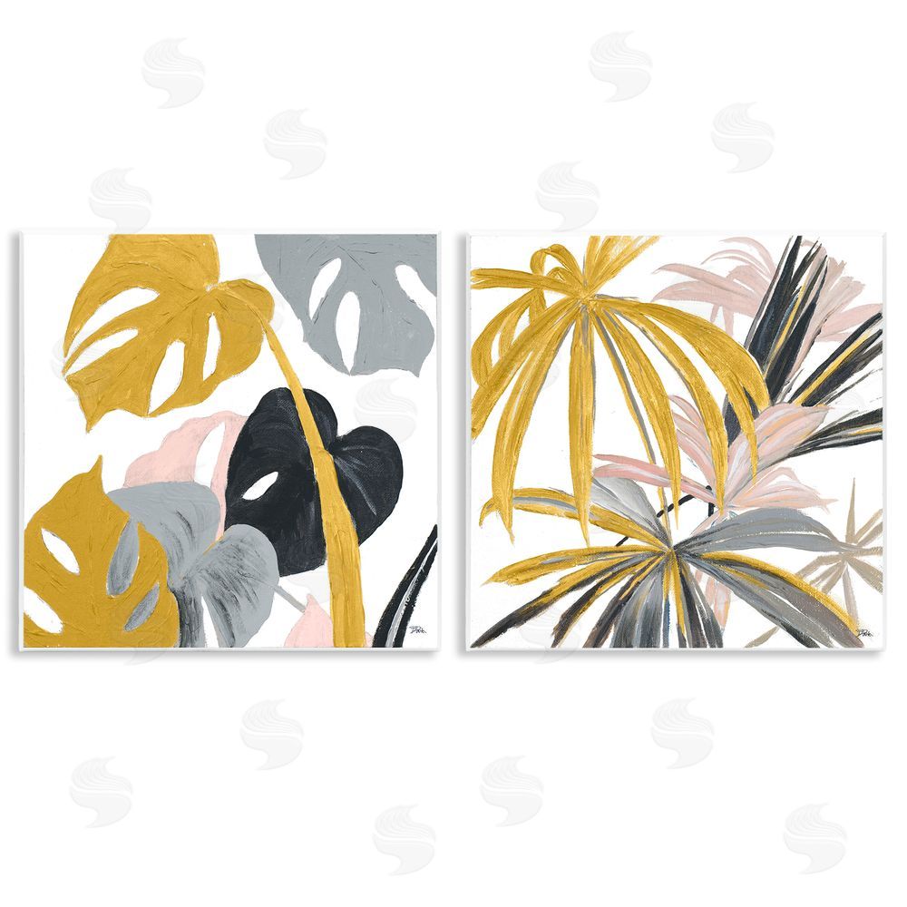 Patricia Pinto Clusters of Palm Leaves Yellow Pink Grey Wooden Wall Plaque Art Print