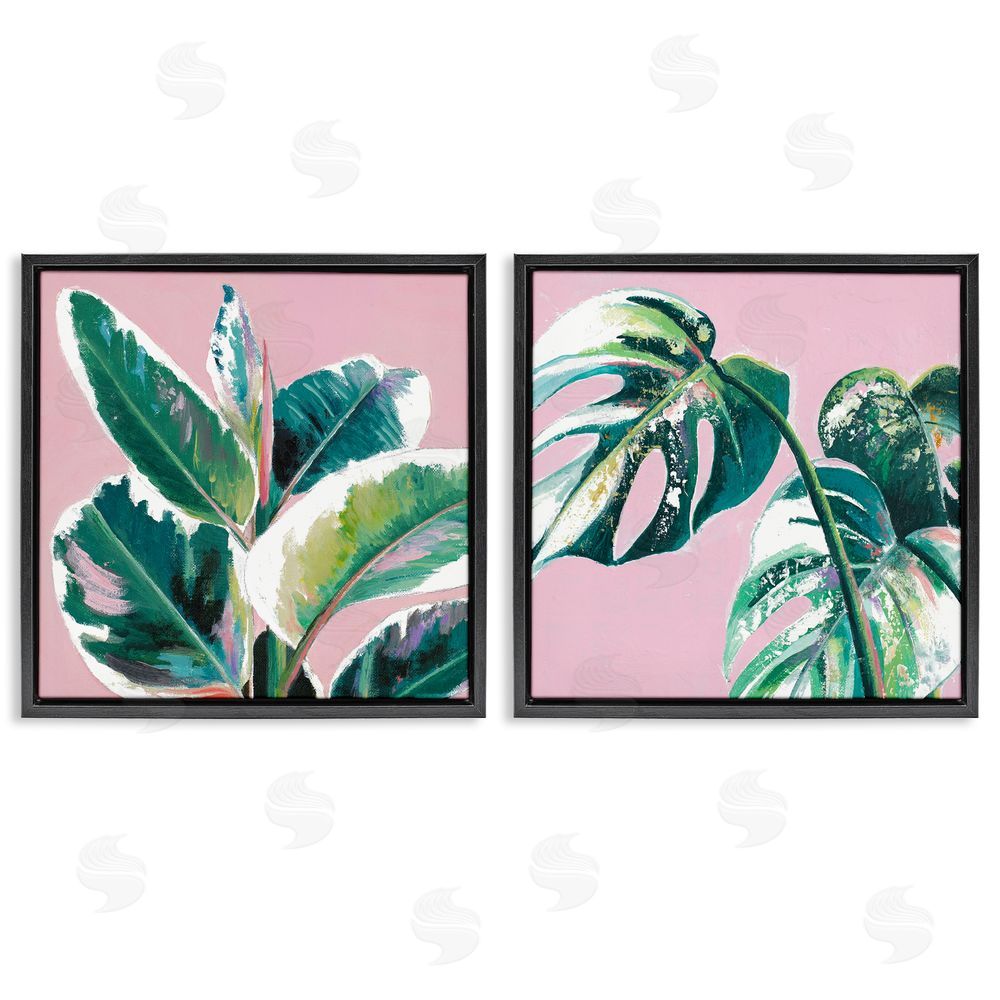 Patricia Pinto Tropical Plant Leaves Pink Geometric Pop Black Floating Frame Canvas Wall Art Print