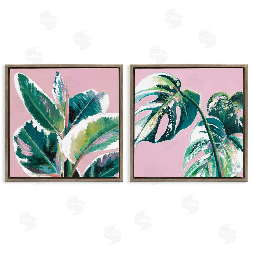Patricia Pinto Tropical Plant Leaves Pink Geometric Pop Brown Floating Frame Canvas Wall Art Print