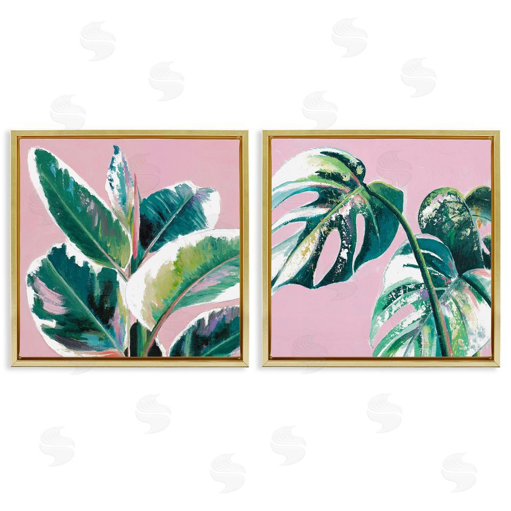 Patricia Pinto Tropical Plant Leaves Pink Geometric Pop Gold Floating Frame Canvas Wall Art Print