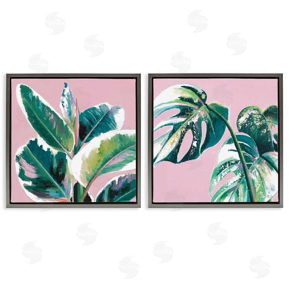Patricia Pinto Tropical Plant Leaves Pink Geometric Pop Gray Floating Frame Canvas Wall Art Print