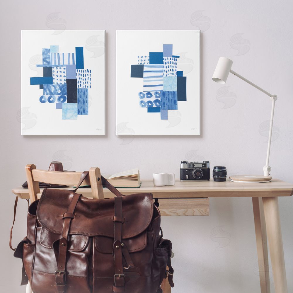 Courtney Prahl Blue Patchwork Patterns Abstract Squares Canvas Wall Art Print in Room