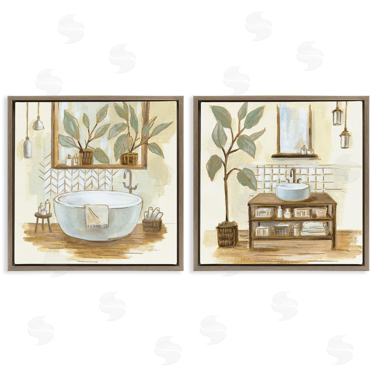 Sage Green Bathroom Interiors Brown Floating Frame Canvas Wall Art, Home Decor by Silvia Vassileva