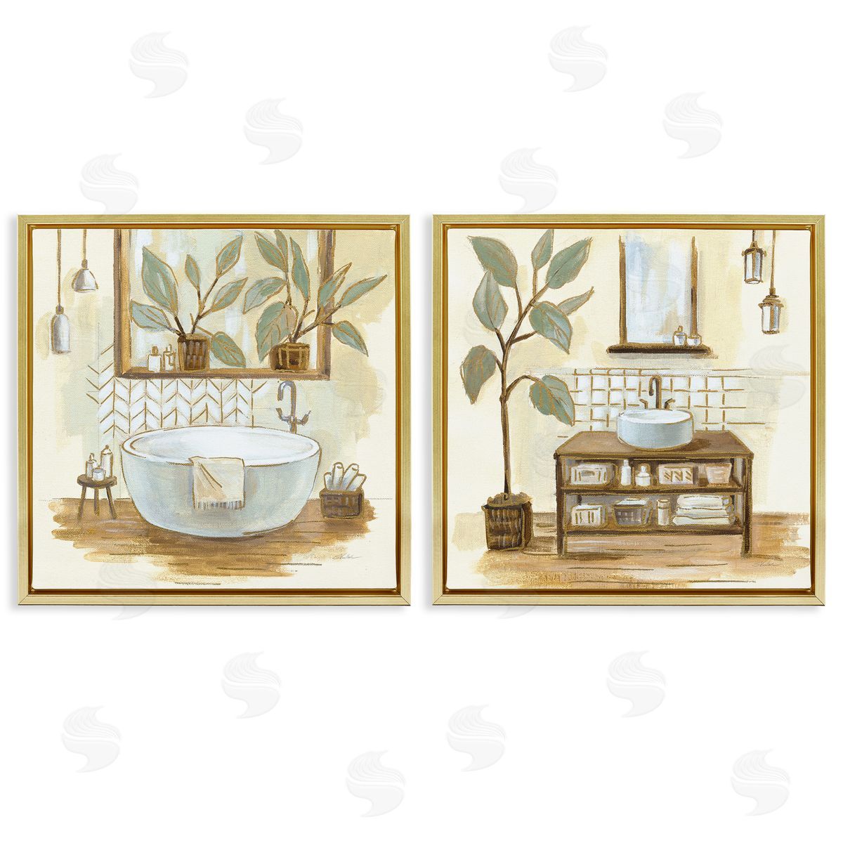 Sage Green Bathroom Interiors Gold Floating Frame Canvas Wall Art, Home Decor by Silvia Vassileva
