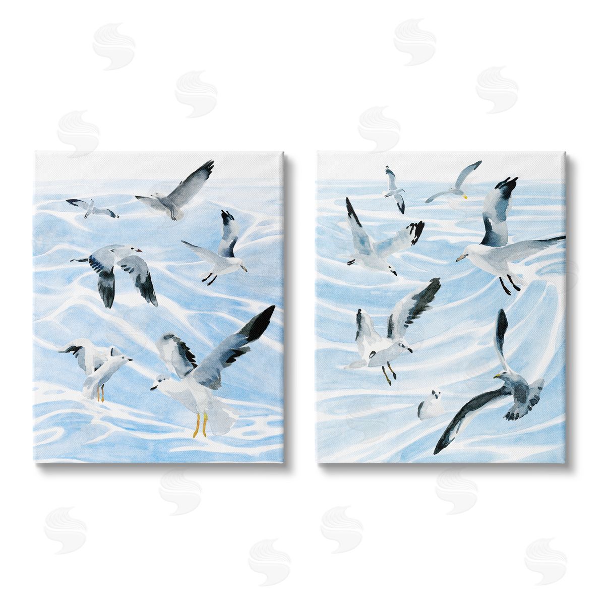 Annie Warren Seagulls at Flight Fluid Ocean Blue Waves Canvas Wall Art Print