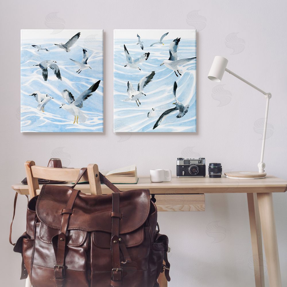 Annie Warren Seagulls at Flight Fluid Ocean Blue Waves Canvas Wall Art Print in Room