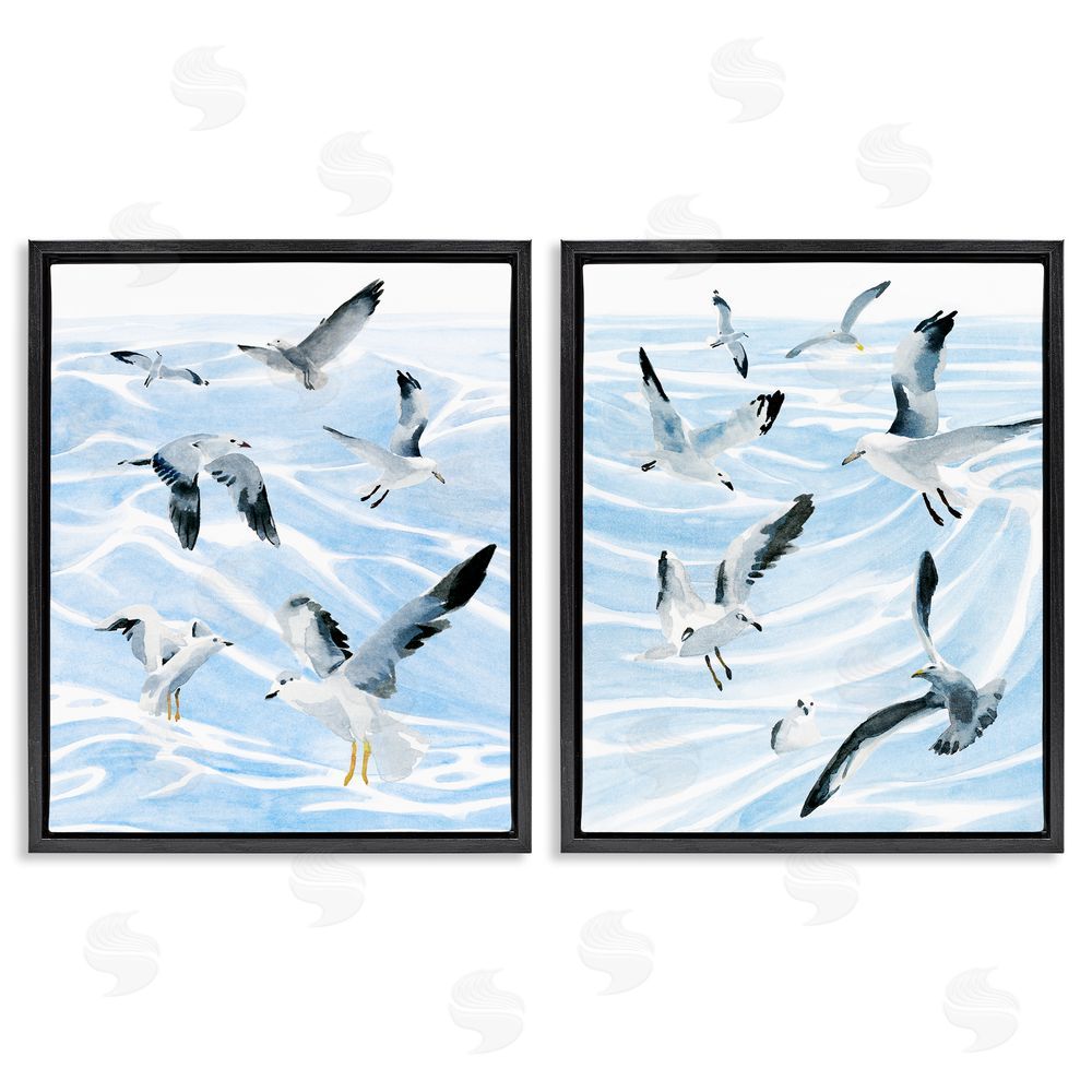 Annie Warren Seagulls at Flight Fluid Ocean Blue Waves Black Floating Frame Canvas Wall Art Print