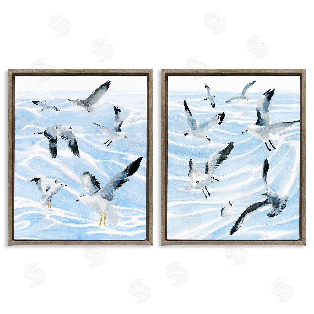 Annie Warren Seagulls at Flight Fluid Ocean Blue Waves Brown Floating Frame Canvas Wall Art Print