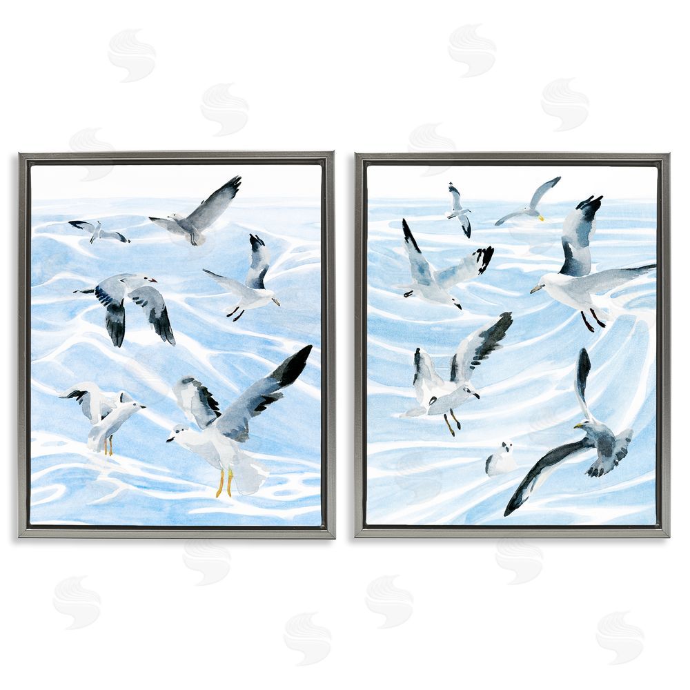 Annie Warren Seagulls at Flight Fluid Ocean Blue Waves Gray Floating Frame Canvas Wall Art Print