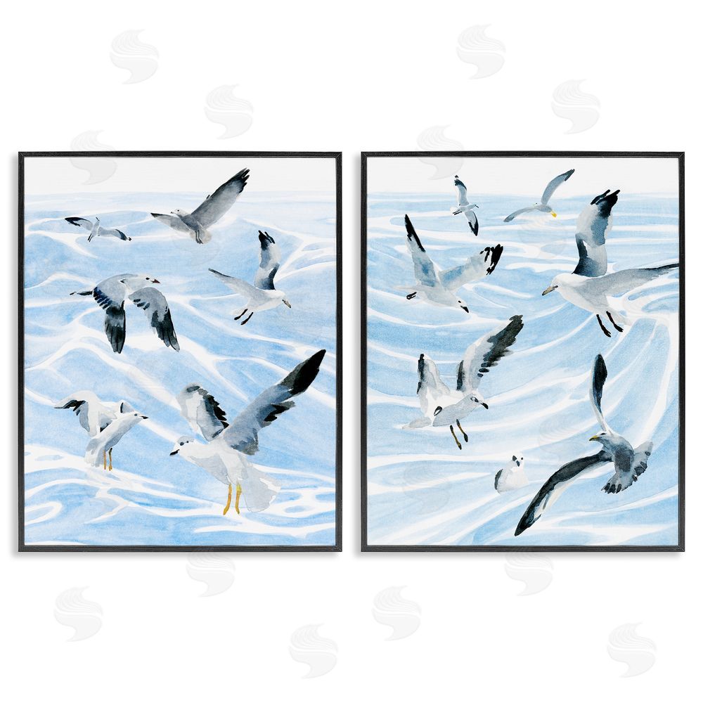 Annie Warren Seagulls at Flight Fluid Ocean Blue Waves Black Framed Giclee Wall Art Print