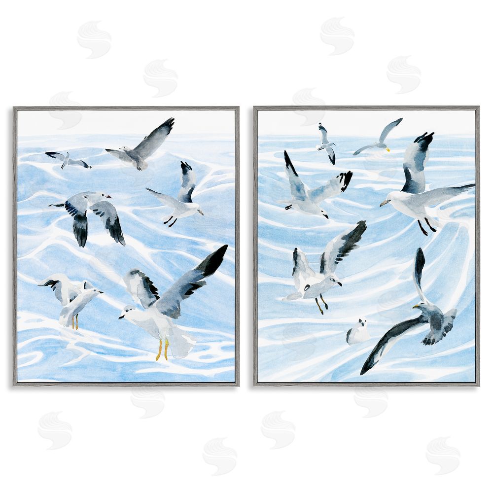 Annie Warren Seagulls at Flight Fluid Ocean Blue Waves Gray Framed Giclee Wall Art Print