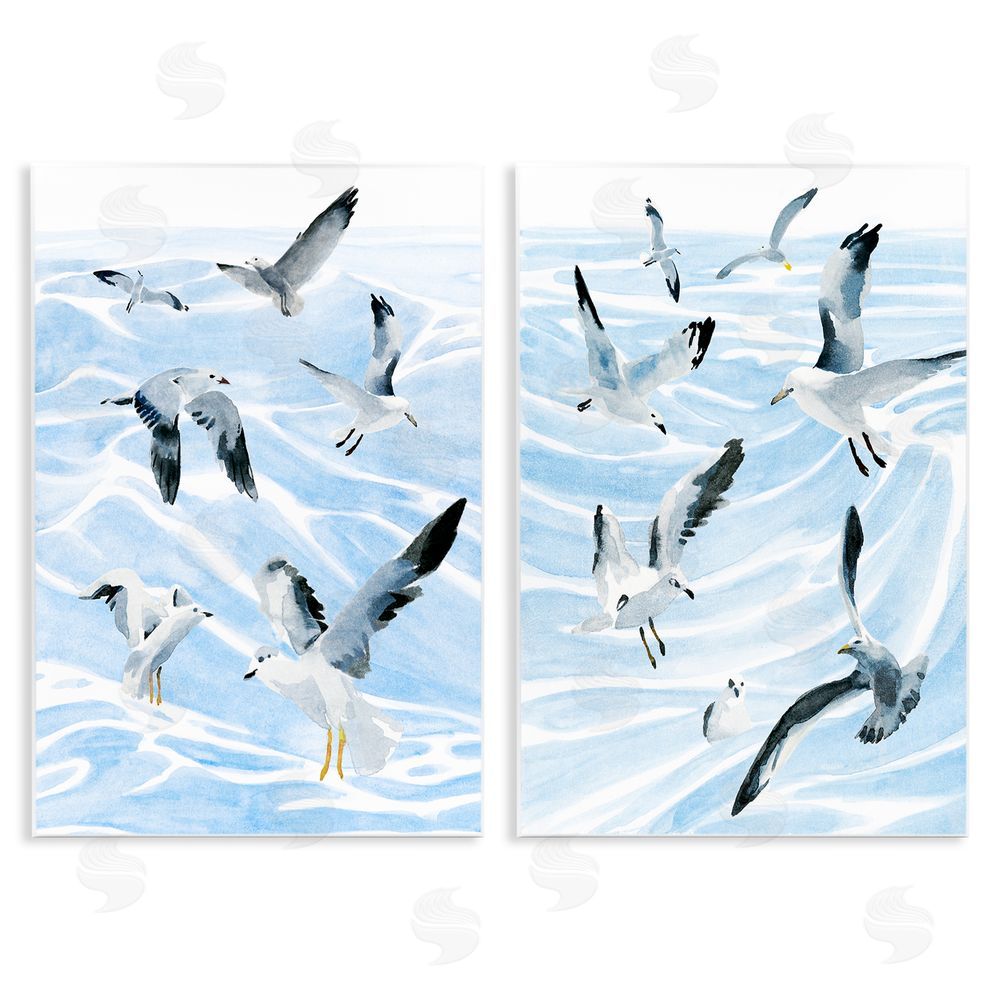 Annie Warren Seagulls at Flight Fluid Ocean Blue Waves Wooden Wall Plaque Art Print