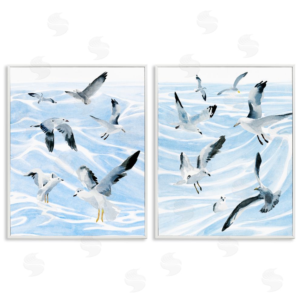 Annie Warren Seagulls at Flight Fluid Ocean Blue Waves White Framed Giclee Wall Art Print