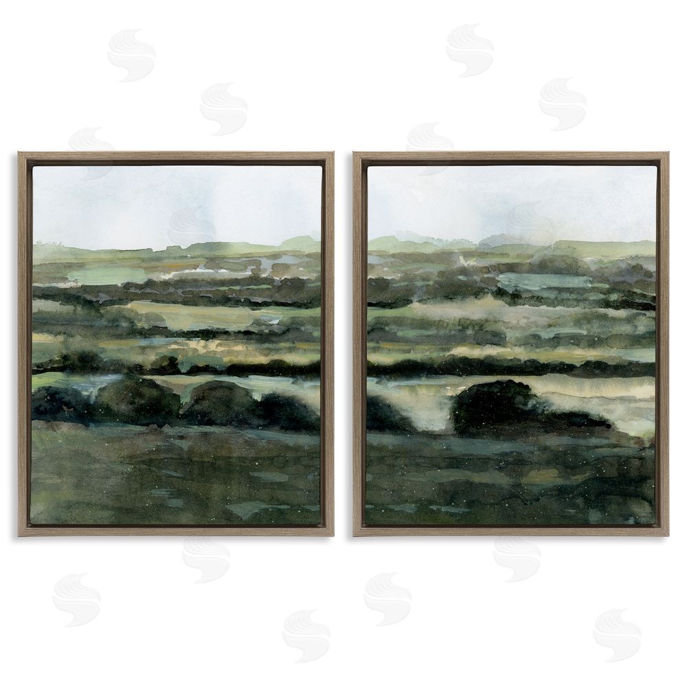 Victoria Barnes Deep Green Countryside Hills Landscape  Brown Floating Frame Canvas Wall Art Print