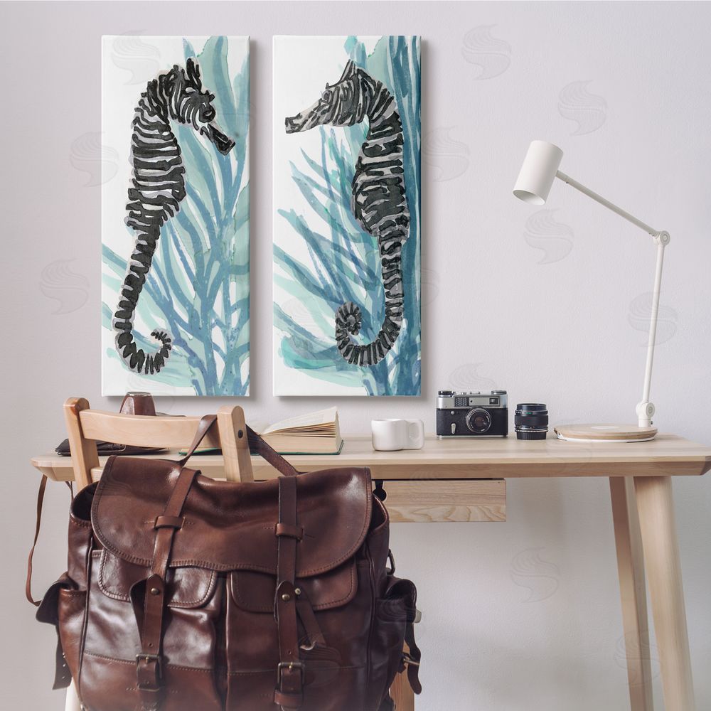 Stellar Design Studio Zebra Striped Sea Horses with Coral Canvas Wall Art Print in Room