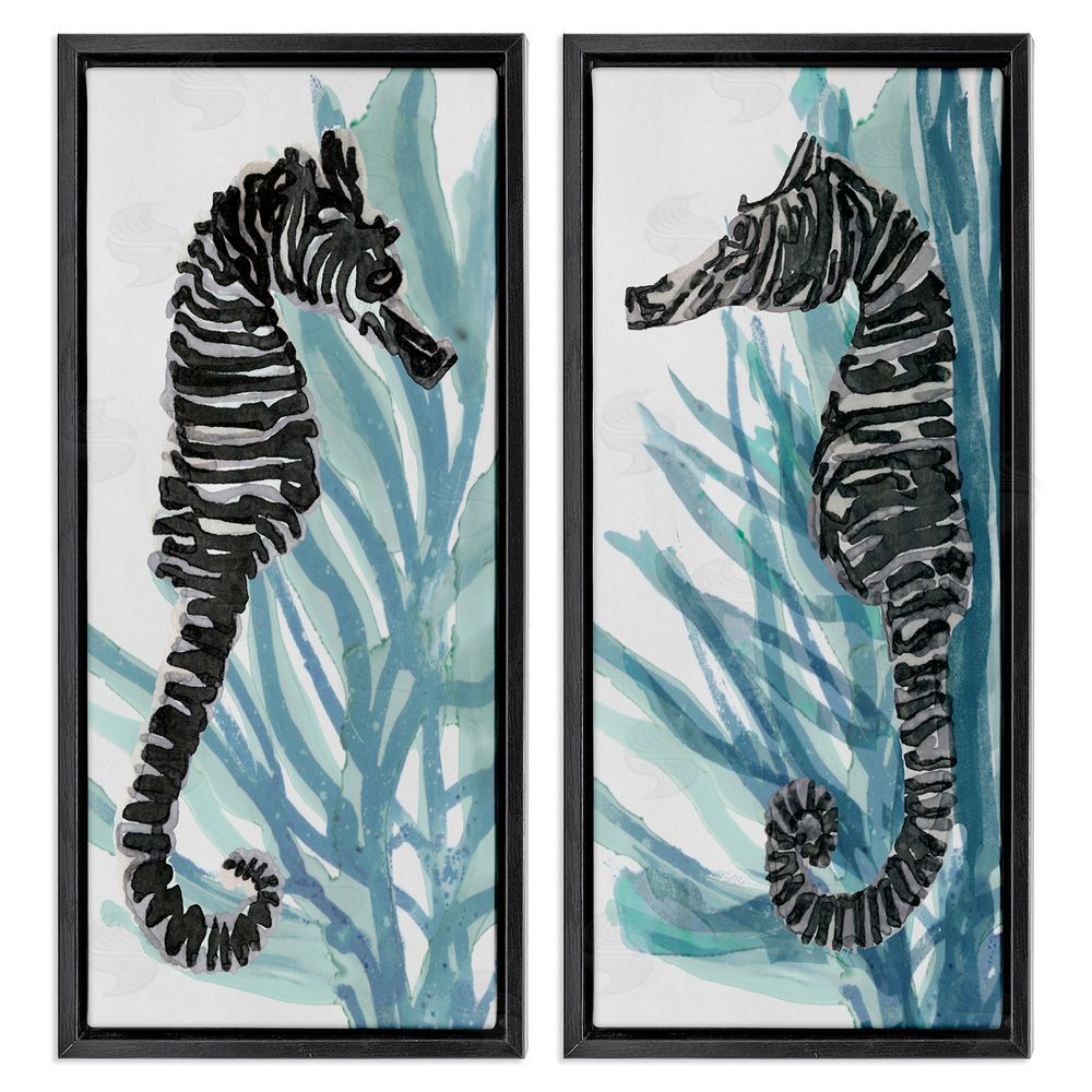 Stellar Design Studio Zebra Striped Sea Horses with Coral Black Floating Frame Canvas Wall Art Print