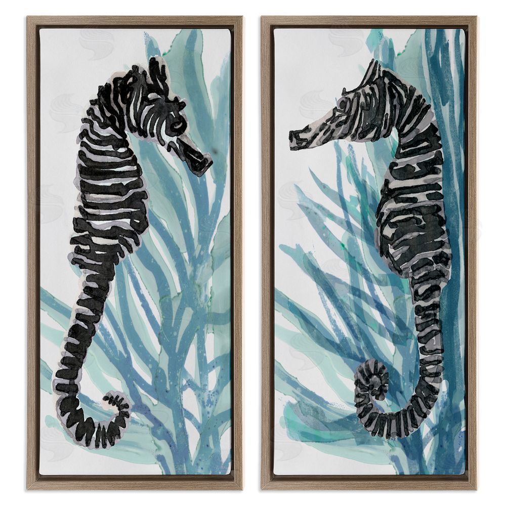 Stellar Design Studio Zebra Striped Sea Horses with Coral Brown Floating Frame Canvas Wall Art Print