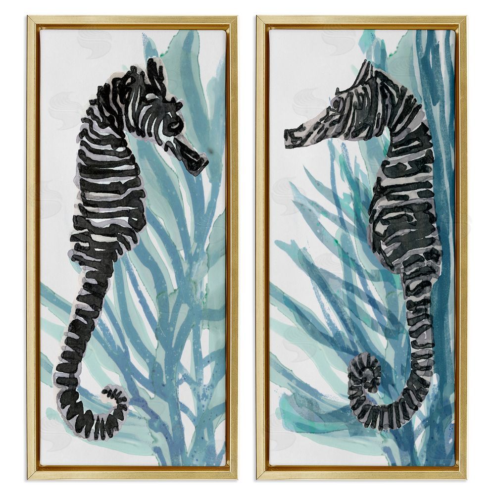 Stellar Design Studio Zebra Striped Sea Horses with Coral Gold Floating Frame Canvas Wall Art Print