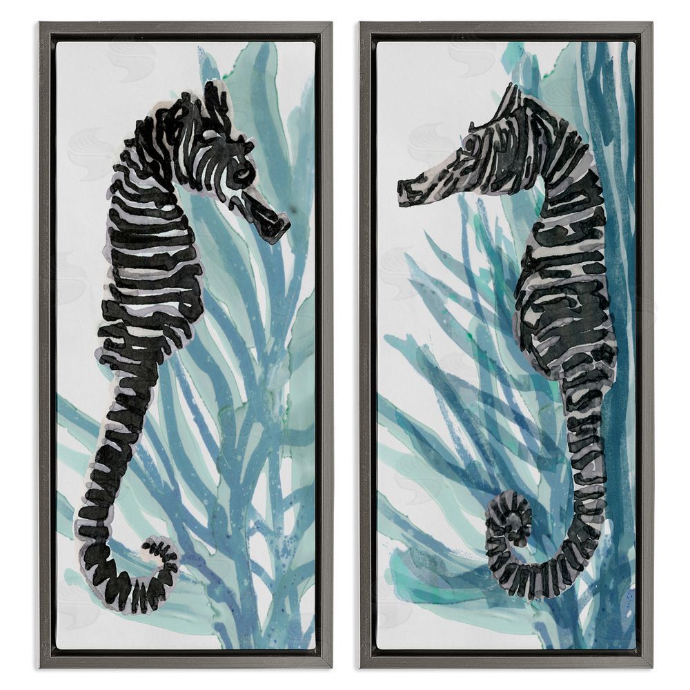 Stellar Design Studio Zebra Striped Sea Horses with Coral Gray Floating Frame Canvas Wall Art Print