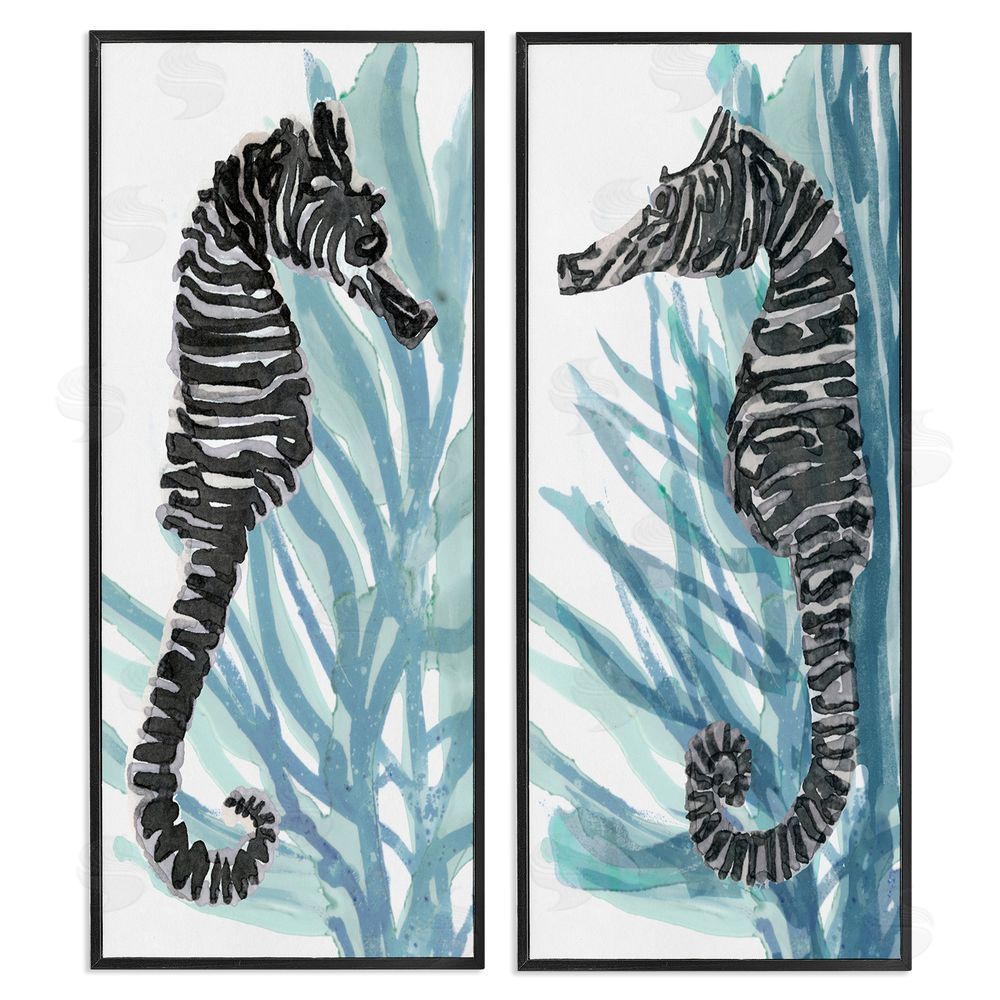 Stellar Design Studio Zebra Striped Sea Horses with Coral Black Framed Giclee Wall Art Print