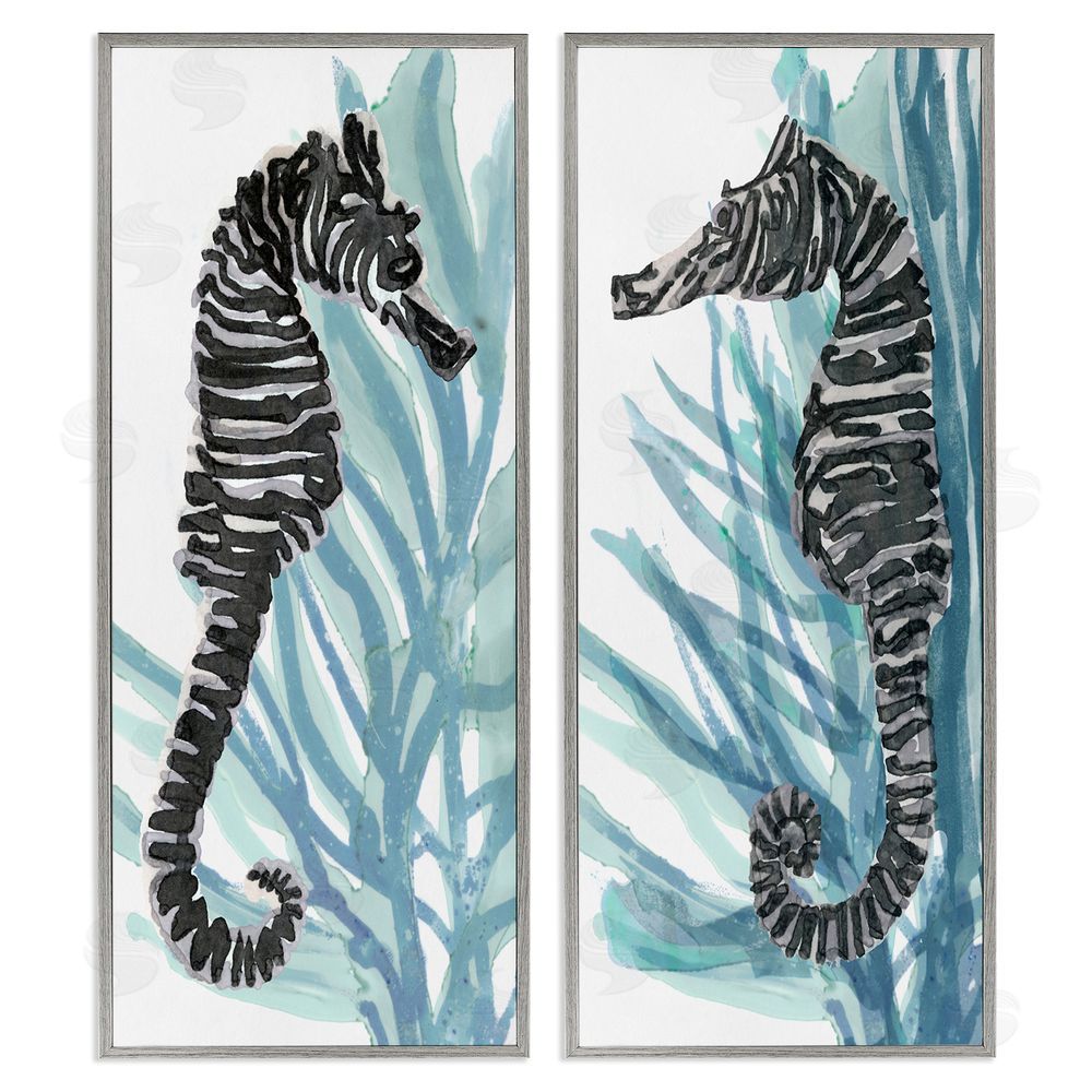 Stellar Design Studio Zebra Striped Sea Horses with Coral Gray Framed Giclee Wall Art Print