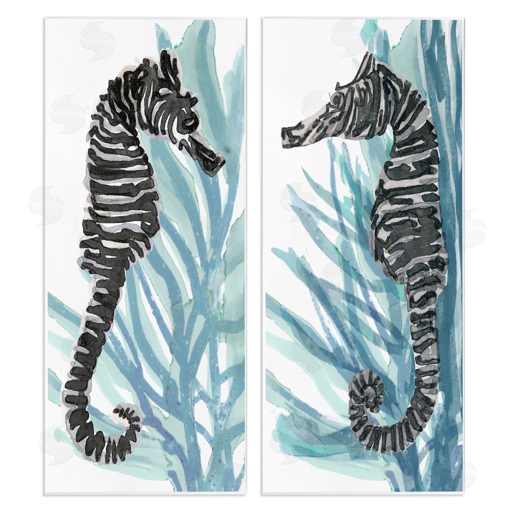 Stellar Design Studio Zebra Striped Sea Horses with Coral Wooden Wall Plaque Art Print