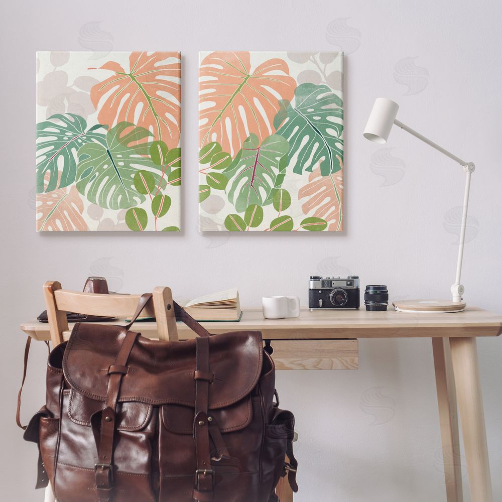 June Erica Vess Tropical Monstera Palm Leaves Green Orange Canvas Wall Art Print in Room