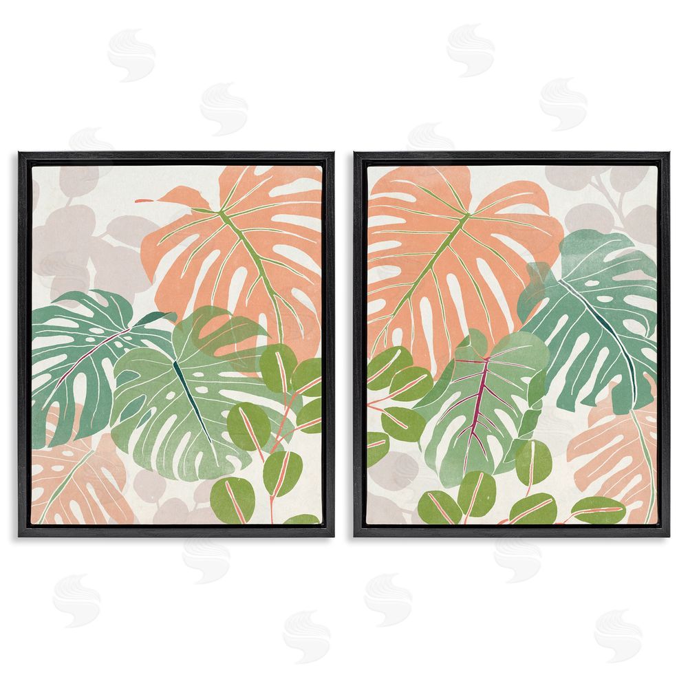 June Erica Vess Tropical Monstera Palm Leaves Green Orange Black Floating Frame Canvas Wall Art Print